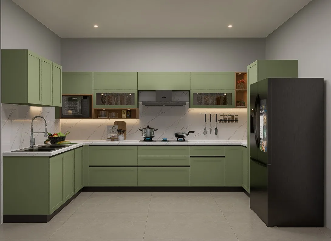Sage green L-shaped modular kitchen design render